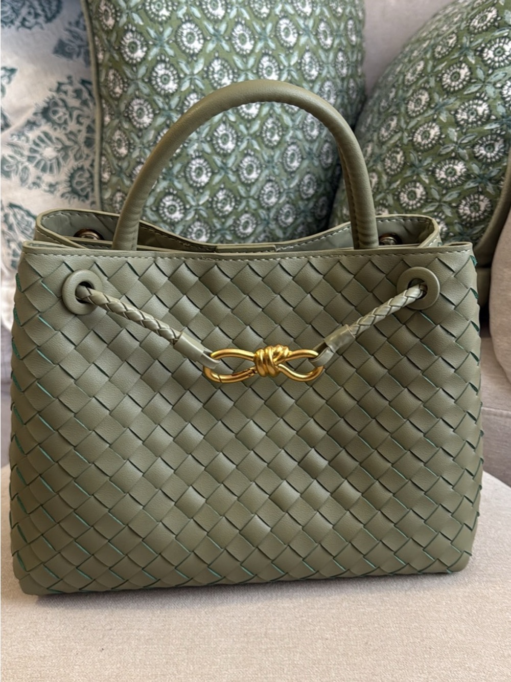 Woven Sage Green Top-Handle Tote